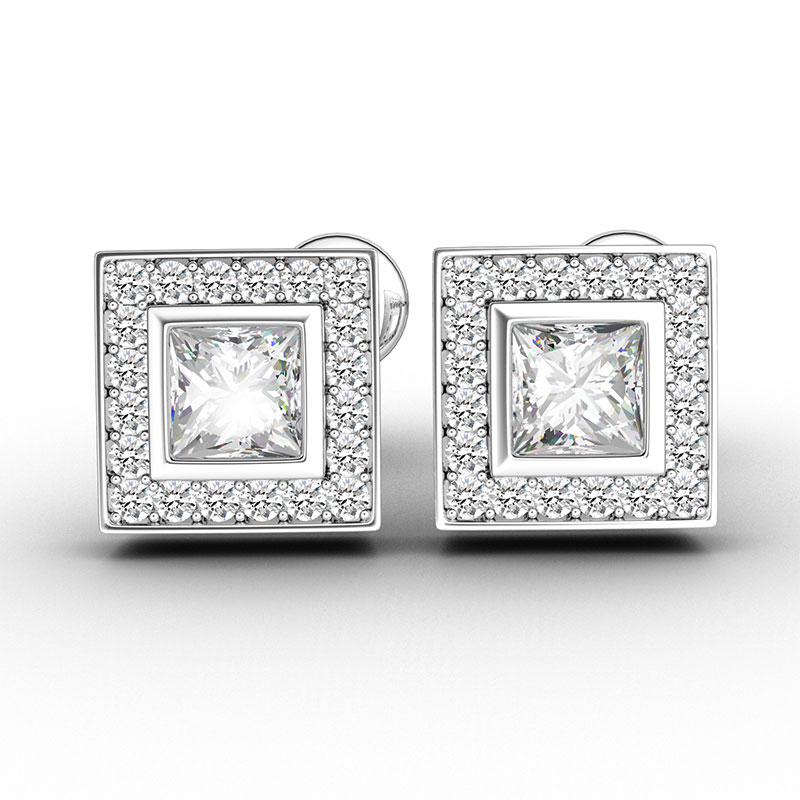 ORRO Framed Princess Cut Stud Earrings (0.15ct  center stone) in 18K White Gold